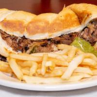 Philly Cheese Steak With Cheesy Fries  · Steak, grilled onions, bell pepper, jalapenos, melted Swiss cheese on a toasted pioneer roll...