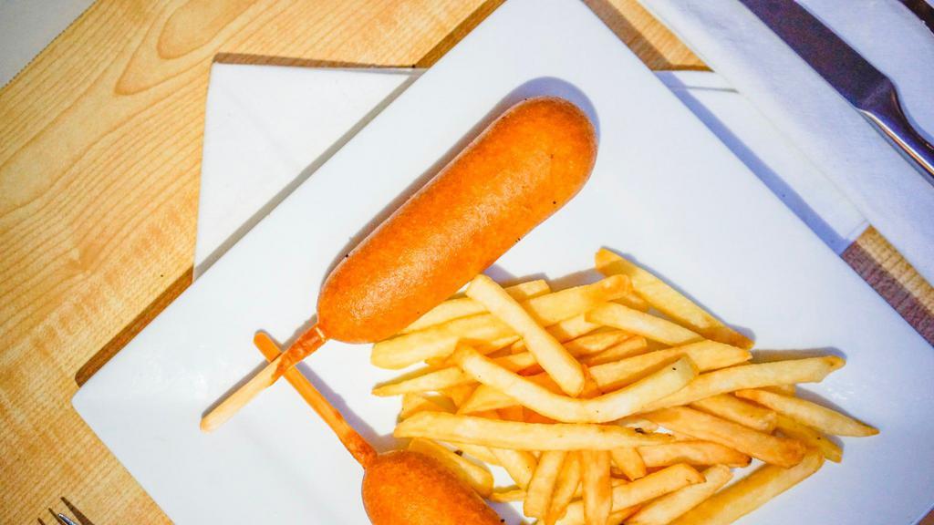 Corn Dog · Two jumbo corn dogs served with free cheesy fries.