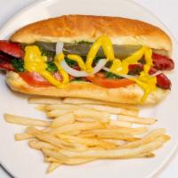 Chicago Dog With Cheesy Fries · An all-beef hot dog served with pickles, sliced of tomatoes, onions, celery salt.
 served wi...