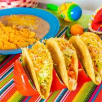 Combo Tacos · 3 tacos with Rice and beans, Lettuce, Tomatoes, cheddar cheese, Hard or soft tortilla 6 inch...