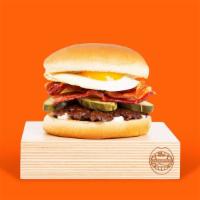 Egg And Bacon Smashmouth · Our signature smashed hamburger patty topped with bacon, a fried egg, American cheese, and m...
