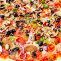 Ponte Vecchio · Pepperoni, sausage, black olives, green pepper, onions, and mushrooms.