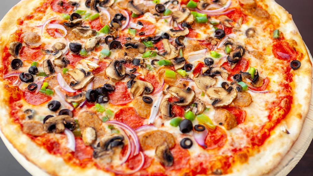 Ponte Vecchio · Pepperoni, sausage, black olives, green pepper, onions, and mushrooms.