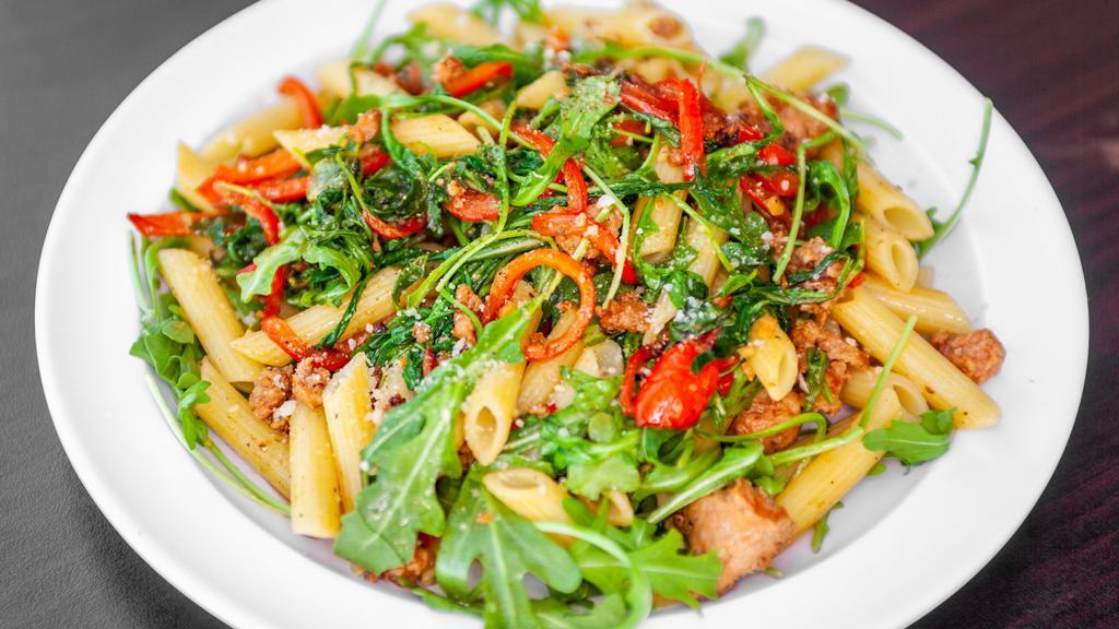 Tricolore · Italian sausage, roasted red peppers, arugula.