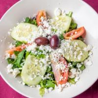Greek Salad · mixed greens, kalamata olives, cucumber, tomatoes, feta cheese