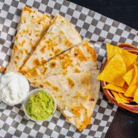 Quesadillas · Flour tortilla, Jack cheese and choice of meat, served with a side of sour cream and guacamo...
