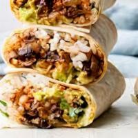 Vegetarian Burrito · Lettuce, tomato, rice, beans, cream, cheese, avocado.