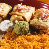 Chicken Taquito Combo · Rolled flour tortillas stuffed with chicken and mozzarella cheese, served crispy, garnished ...
