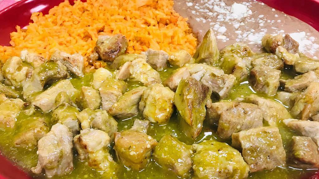 Chile Verde · Chunks of pork with a green tomatillo sauce.