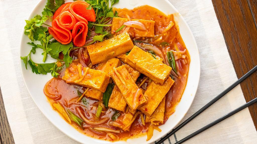 Crispy Spicy Ginger Tofu 🌶️ · Crispy tofu sautéed in our delicious spicy ginger sauce.