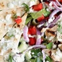 Chicken Platter · Grilled chicken rice , Greek salad, tzatziki sauce and pita