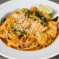 Pad Thai · The most popular noodle dish. Red onion, eggs, scallions, bean sprouts, and chopped peanuts.