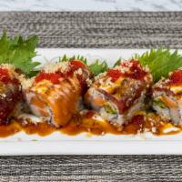 Sunset Roll · yellowtail, salmon, avocado inside Seared tuna & salmon, mayo special sauce, masago, crunch ...