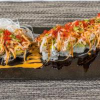 Shiny Roll · Shrimp tempura, albacore tuna inside topped with avocado, crabmeat, and spicy mayo.