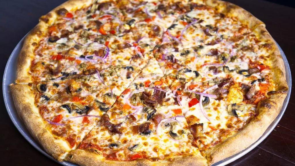 9 - Bacon, Sausage, Red Bell Peppers, Red Onions & Mushrooms Pizza · 