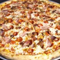 3 - Pepperoni, Bacon, Ham & House-Made Italian Sausage Pizza · 