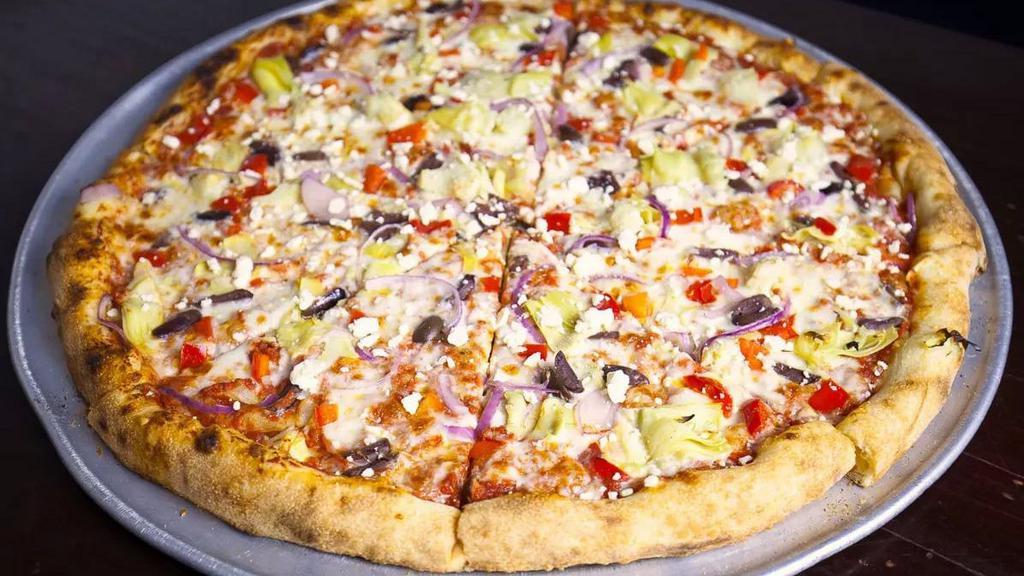 6 - Red Bell Peppers, Feta, Kalamata Olives, Artichoke, Garlic & Red Onion Pizza · 