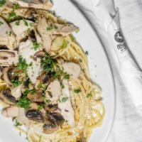 Chicken & Mushroom White Spaghetti · With garlic butter and mizithra cheese