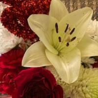 Roses With Lilies Valentine'S Vase · Roses, Lilies and Mums mixed with seasonal whites and valentine's embellishments; Delivered ...