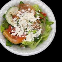 Small Classic Greek Salad · Blend of lettuce, tomatoes, onions, red and green peppers, cucumber, feta cheese, and kalama...