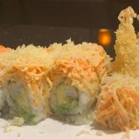 Kamikaze Roll · Shrimp tempura, avocado topped with spicy crab meat. crunch, spicy mayo and eel sauce