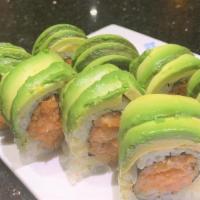 Spicy Avocado Roll · Spicy salmon, spicy tuna, crunch topped with avocaod