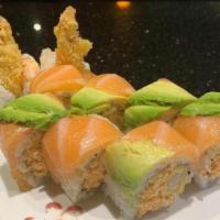 Fancy Salmon Roll · Shrimp tempura, lobster salad topped with salmon. avocado, spicy mayo and eel sauce