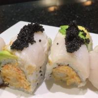 Snow White Roll · Shrimp tempura, snow crab topped with white tuna. avocado, black tobiko w. spicy mayo, eel s...