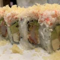 Fuji Mountain Roll · Crab stick tempura, cheese, avocado topped with snow. crab, crunch w. spicy mayo, eel sauce