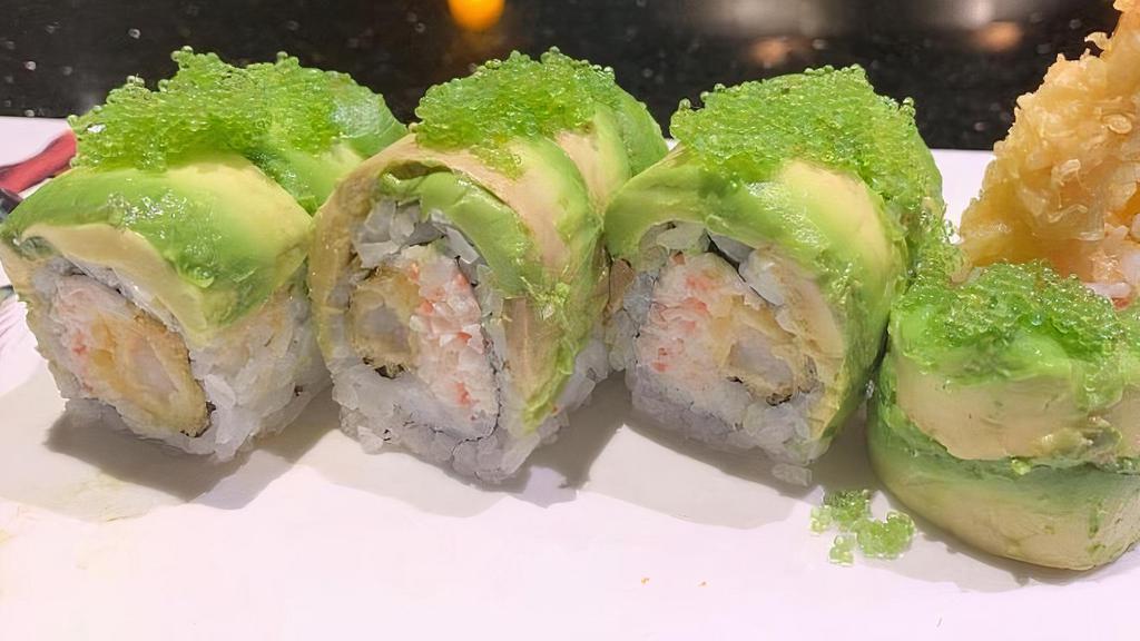 Green River Roll · Shrimp tempura, snow crab inside topped with . avocado, wassabi tobiko, spicy mayo, eel sauce