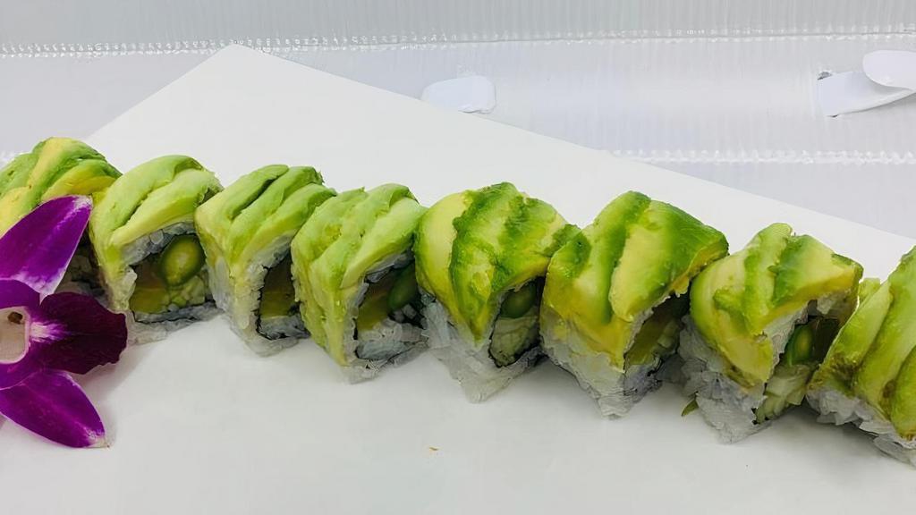 Veggie Dragon Roll · Kampyo, oshinko, cucumber topped with avocado