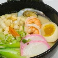 Seafood(Scallop, Shrimp, Mussel) · served w. mixed vegetables, menma, scallion, egg, nori