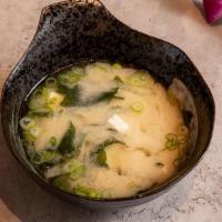 Miso Soup · Vegan. Miso soup with tofu, noir , scallion