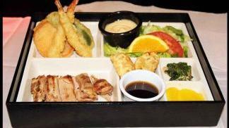 Lunch Box Special · Chicken teriyaki, mix tempura, California roll, with salad, soup and rice.