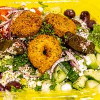 Feta Greek Salad · Gluten free. Freshly made classic Greek salad topped with feta cheese and Greek kalamata oli...