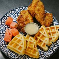 Chicken & Waffles · fried chicken, homemade waffles, and homemade buttermilk syrup