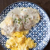 Biscuits & Gravy · fried egg, shallots, homemade biscuit, and milk gravy