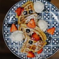 Waffles And Berries · homemade waffle, whipped cream, fresh berries.