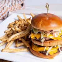Joey’S Burger · Double decker two all beef patties, American cheese, pickles, onions & shredded lettuce with...