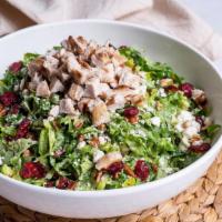 Cran-Feta Chopped Salad · Chopped romaine lettuce, cranberries, feta cheese, pecans and chicken breast, tossed with ou...