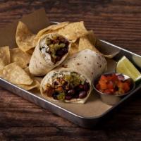 Shredded Chicken Burrito · Shredded Chicken Burrito with Brown Rice, Refried Beans, Guacamole, Pico de Gallo, and Chees...
