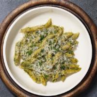 Pestounding Pasta (Penne) · Fresh basil leaves, garlic, grated parmesan cooked with penne.