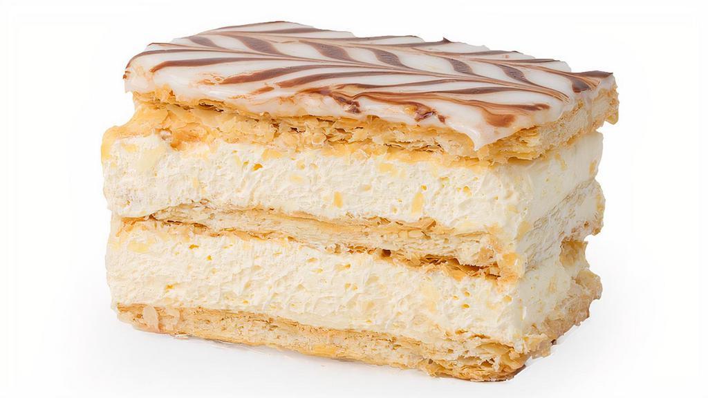 Napoleon · Layers of buttery puff pastry filled with freed's signature Bavarian cream and topped with sugar icing. Individual slice.