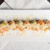 Happy Ending Roll · In: spicy crab and cream cheese, sliced lemon. Out: salmon, avocado and crunch with garlic p...