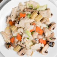Moo Goo Gai Pan · Sliced white meat chicken with mushrooms, Napa cabbage, carrots, and zucchini stir fried in ...