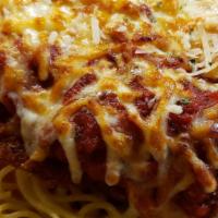 Chicken Parmesan · A boneless chicken breast, lightly breaded, served on top of spaghetti, covered with marinar...