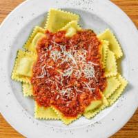 Ravioli · Pasta squares stuffed with beef and smothered in your choice of four-cheese formaggi sauce, ...
