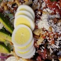 Cobb Salad · Grilled chicken, tomatoes, avocado, bacon, red onions, black olives, cucumbers, feta and cho...