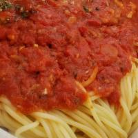 Spaghetti · Served with meat sauce or marinara sauce. It comes with a cup of soup or a small house salad.