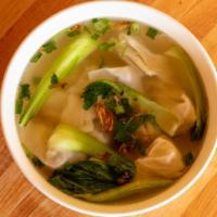 Wonton Soup · Ground pork, spices, and baby bok choy.